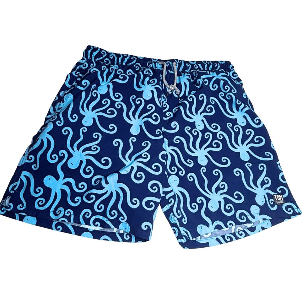 Tom & Teddy Men's Squid Print Drawstring Built-In Brief‎ Swim Trunks Blue XXL
